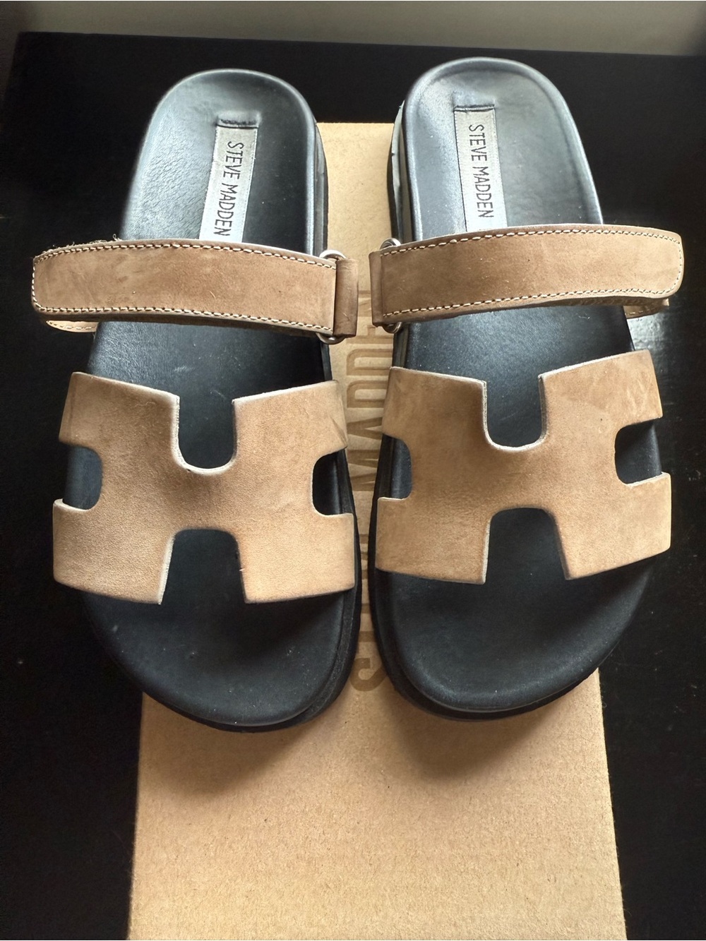 Steve Madden Suede Tan Slide Sandals with Black Footbed - Picture 3 of 3